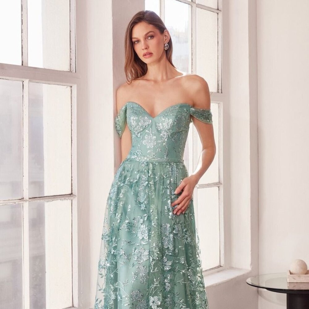 New Off Shoulder A-Line Sequins Embellished Maxi Gown w/ Sweetheart Neck CD T607